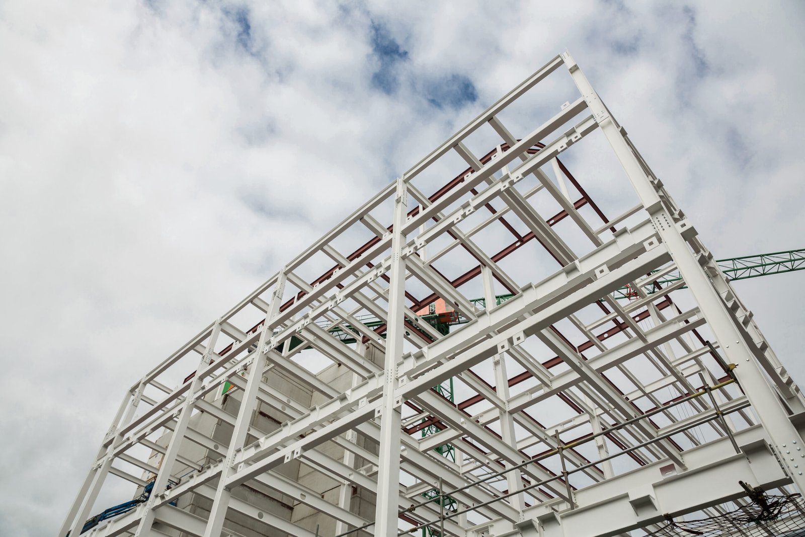 Reference view of a steel building frame under construction